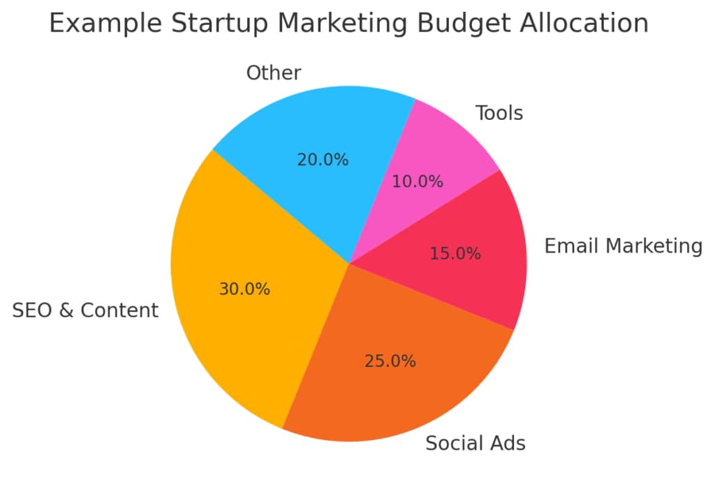 Sample budget split (e.g., SEO 30%, Social Ads 25%, Email 15%, Content 20%, Tools 10%)